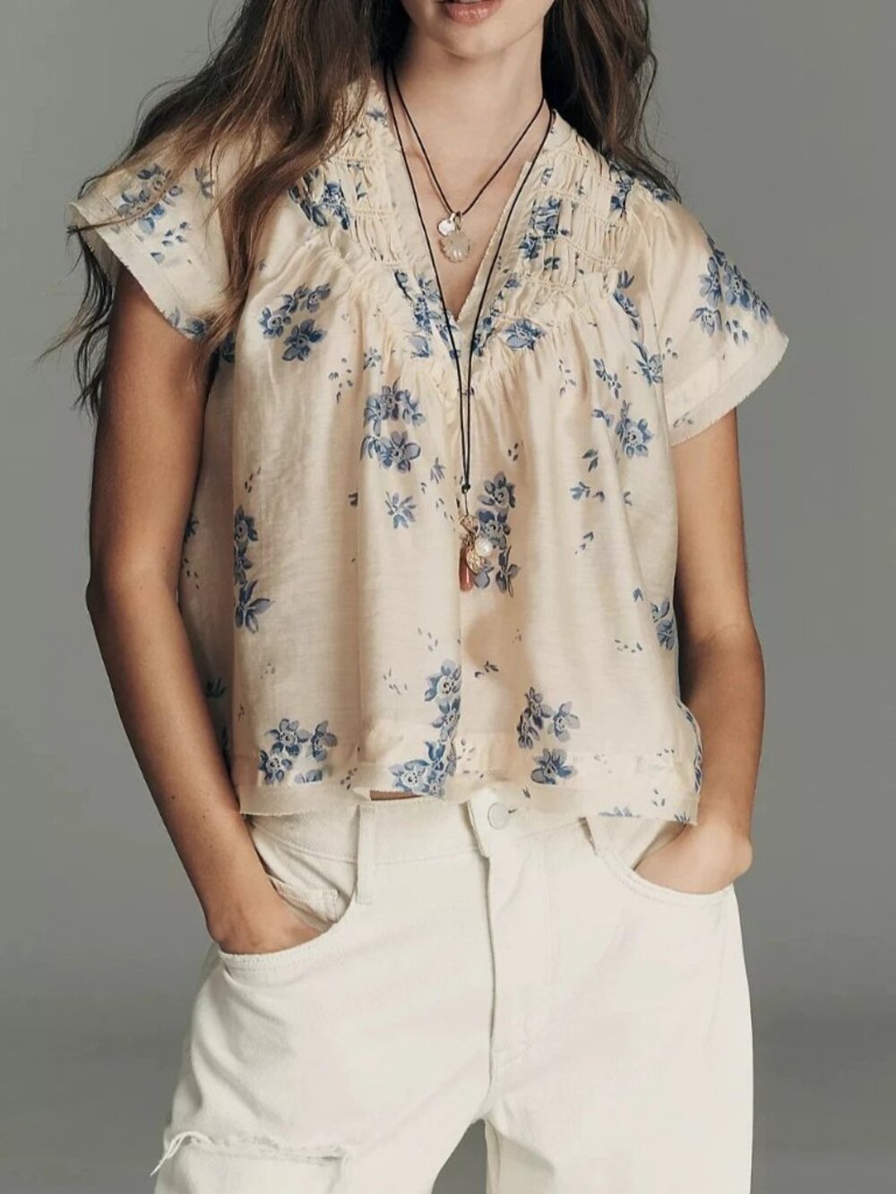 By Anthropologie Smocked Yoke Blouse Top Floral Printed Pullover V-Neck S 290373